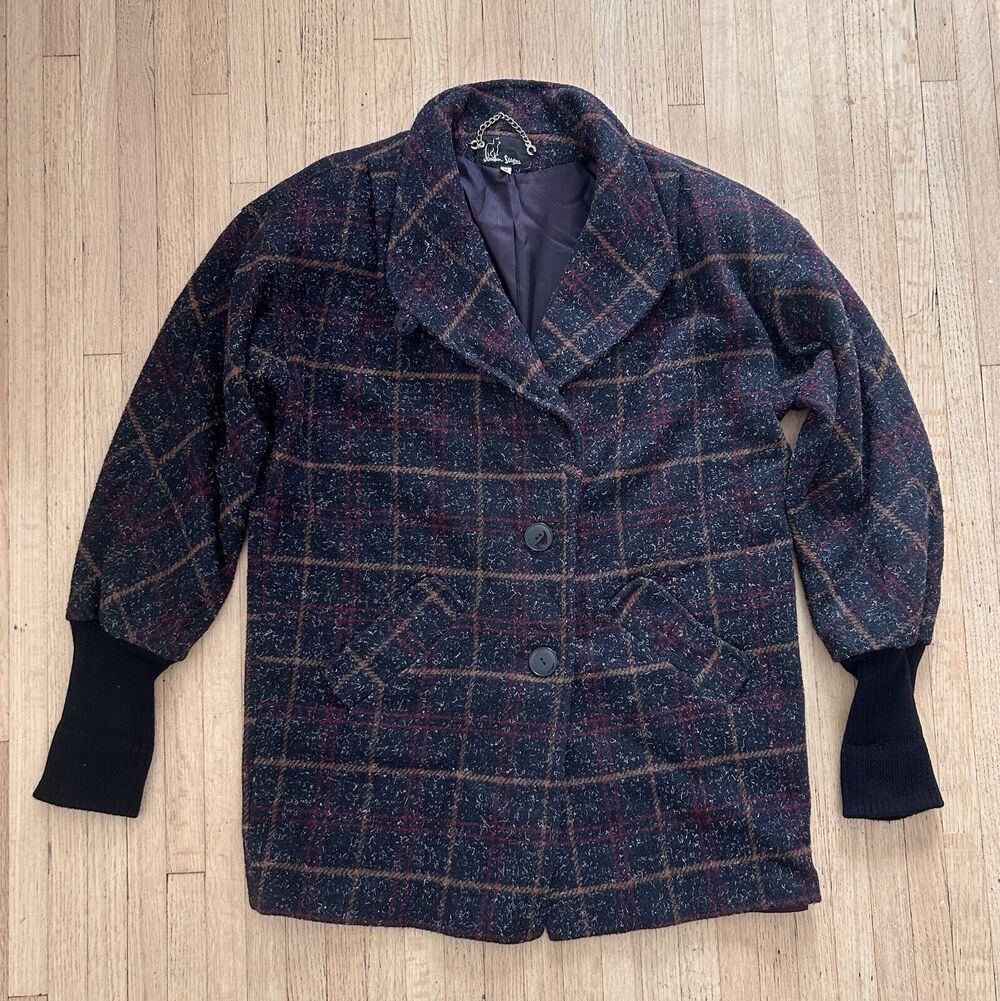 Vintage Plaid Wool Coat Womens Sz 8 Black Push Up Sleeves Jonathan Stevens